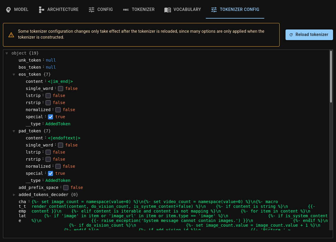 Tokenizer config tab screenshot