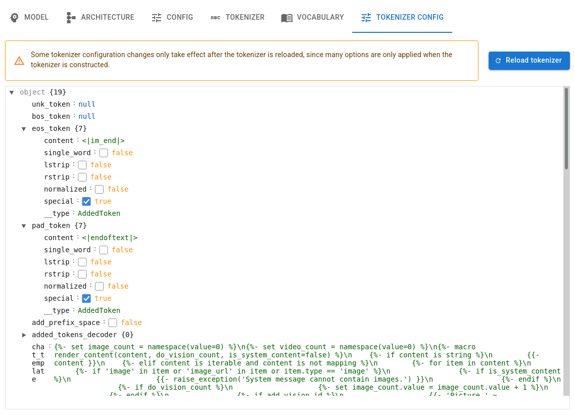 Tokenizer config tab screenshot